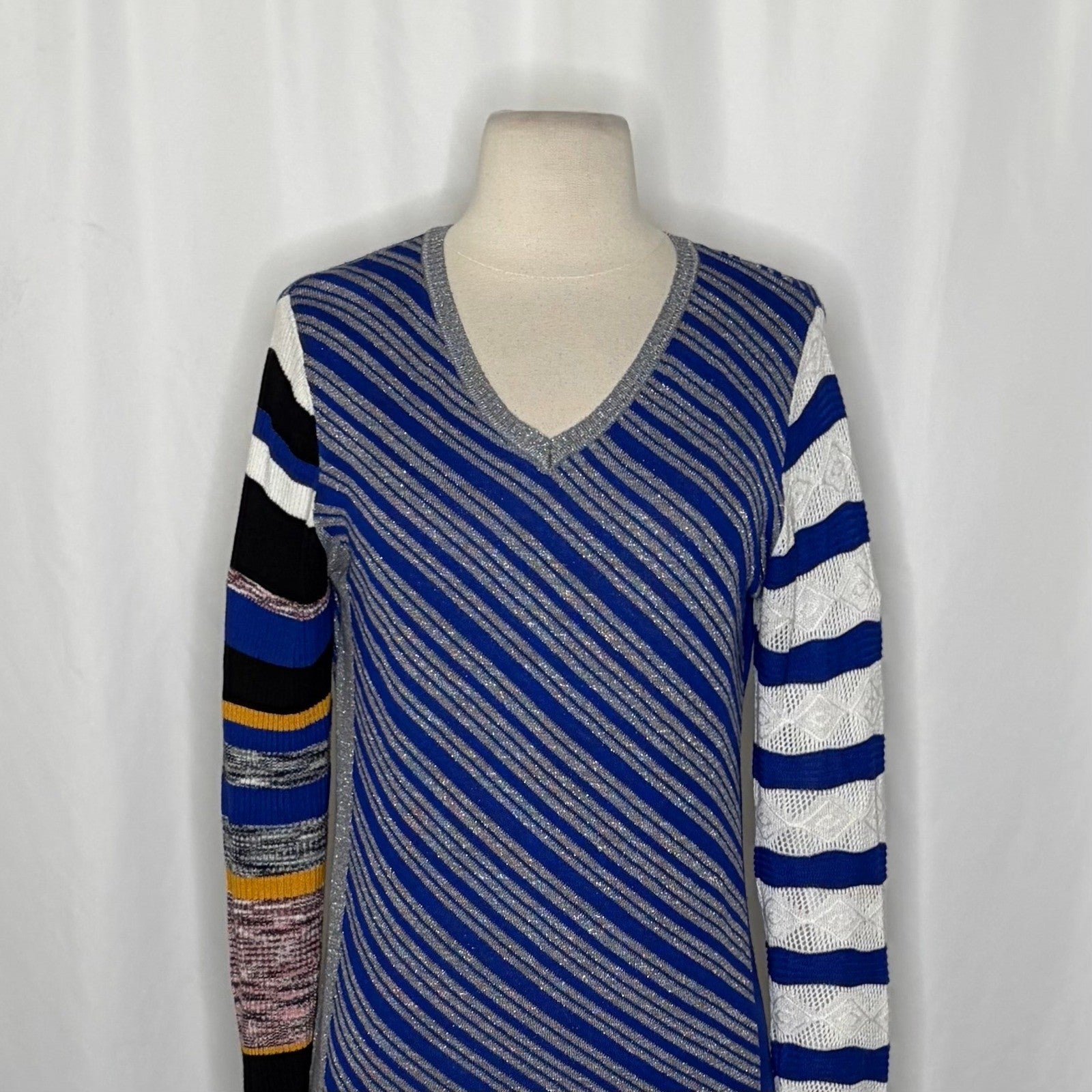 DESIGUAL Nieves V-Neck Pullover Sweater Colorful Stripes Metallic Large