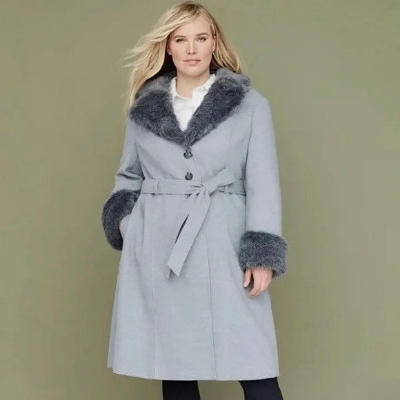 NWT!! LANE BRYANT Grey Belted Trench Coat Faux Fur Collar Cuffs Size 26 28