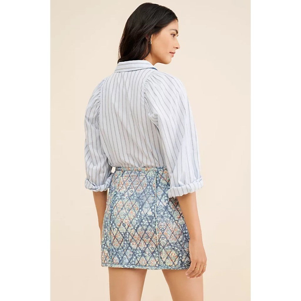FREE PEOPLE Darla Quilted Mini Skirt Pockets Smoky Combo Tapestry Blue Size 2