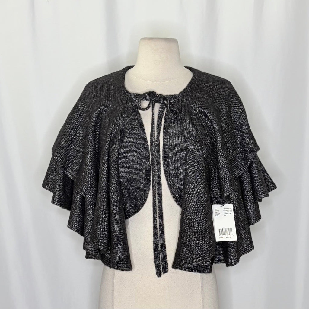 NWT!! ROBERT RODRIGUEZ Wool Blend Charcoal Ruffled Cardigan Cape Sweater X-Small