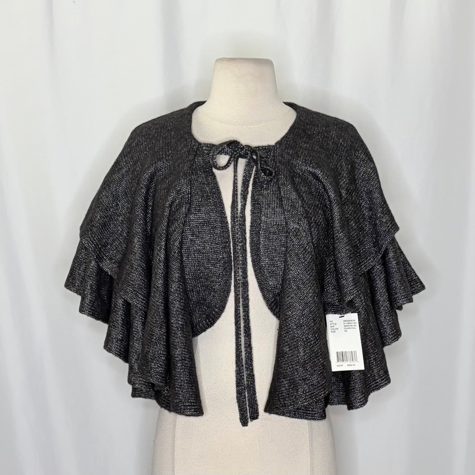 NWT!! ROBERT RODRIGUEZ Wool Blend Charcoal Ruffled Cardigan Cape Sweater X-Small