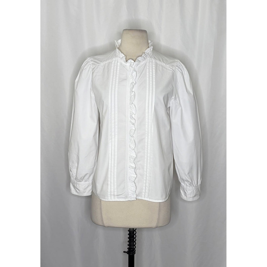 SUNDANCE White Pleated Embroidered Ruffled Buttondown Top Blouse Petite Small