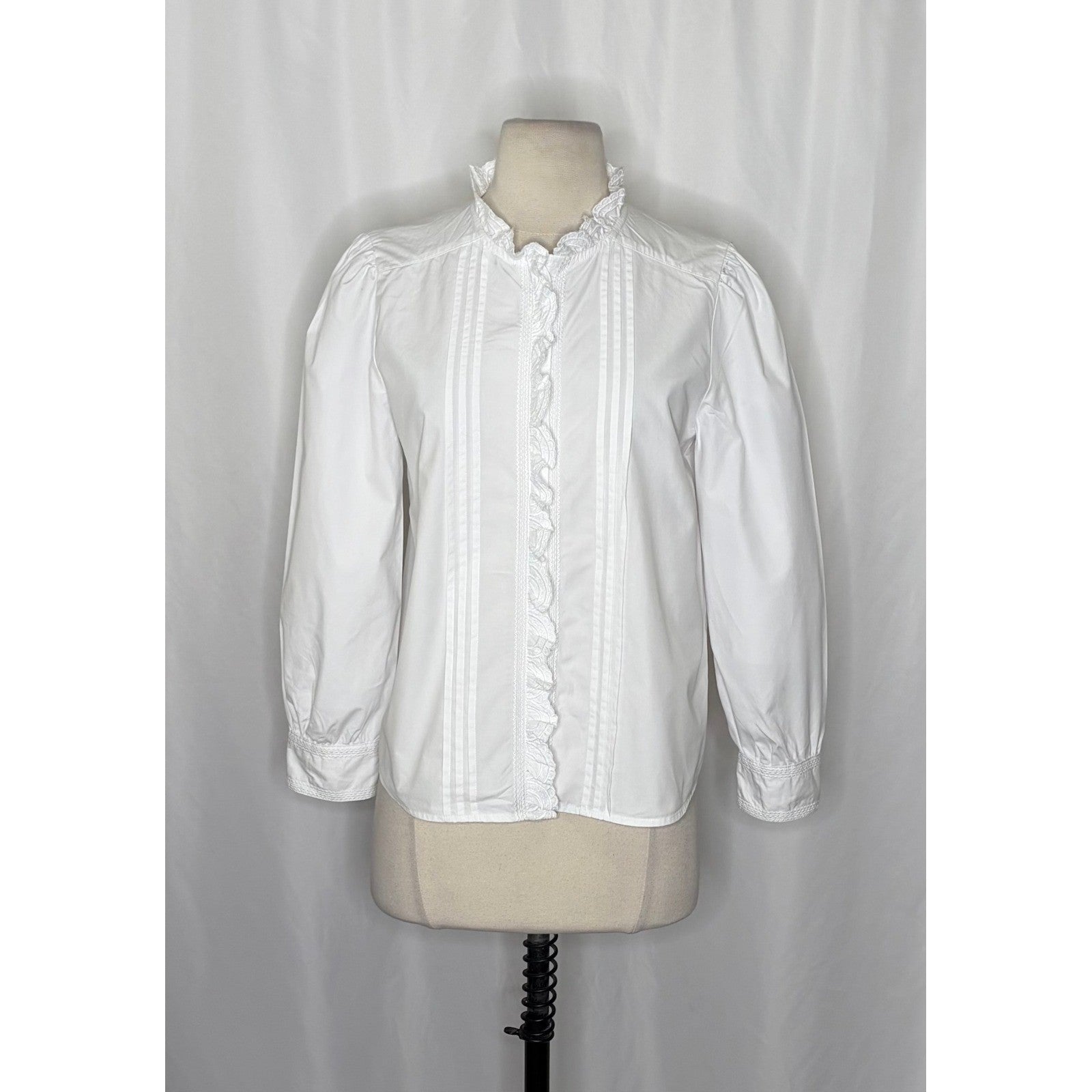 SUNDANCE White Pleated Embroidered Ruffled Buttondown Top Blouse Petite Small