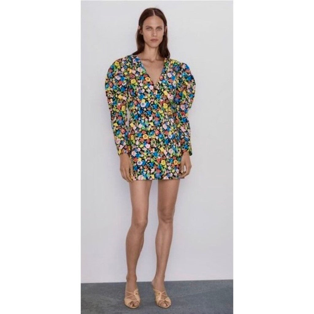 ZARA Bright Floral Mini Dress Statement Puffed Sleeves Spring Summer Black Small