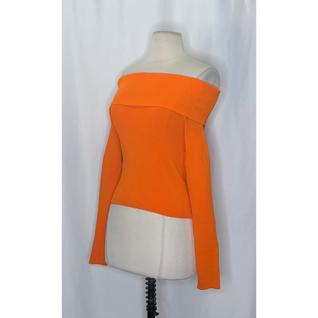 ALICE + OLIVIA Dolan Pullover Orange Blaze Knit Off The Shoulder Sweater Small