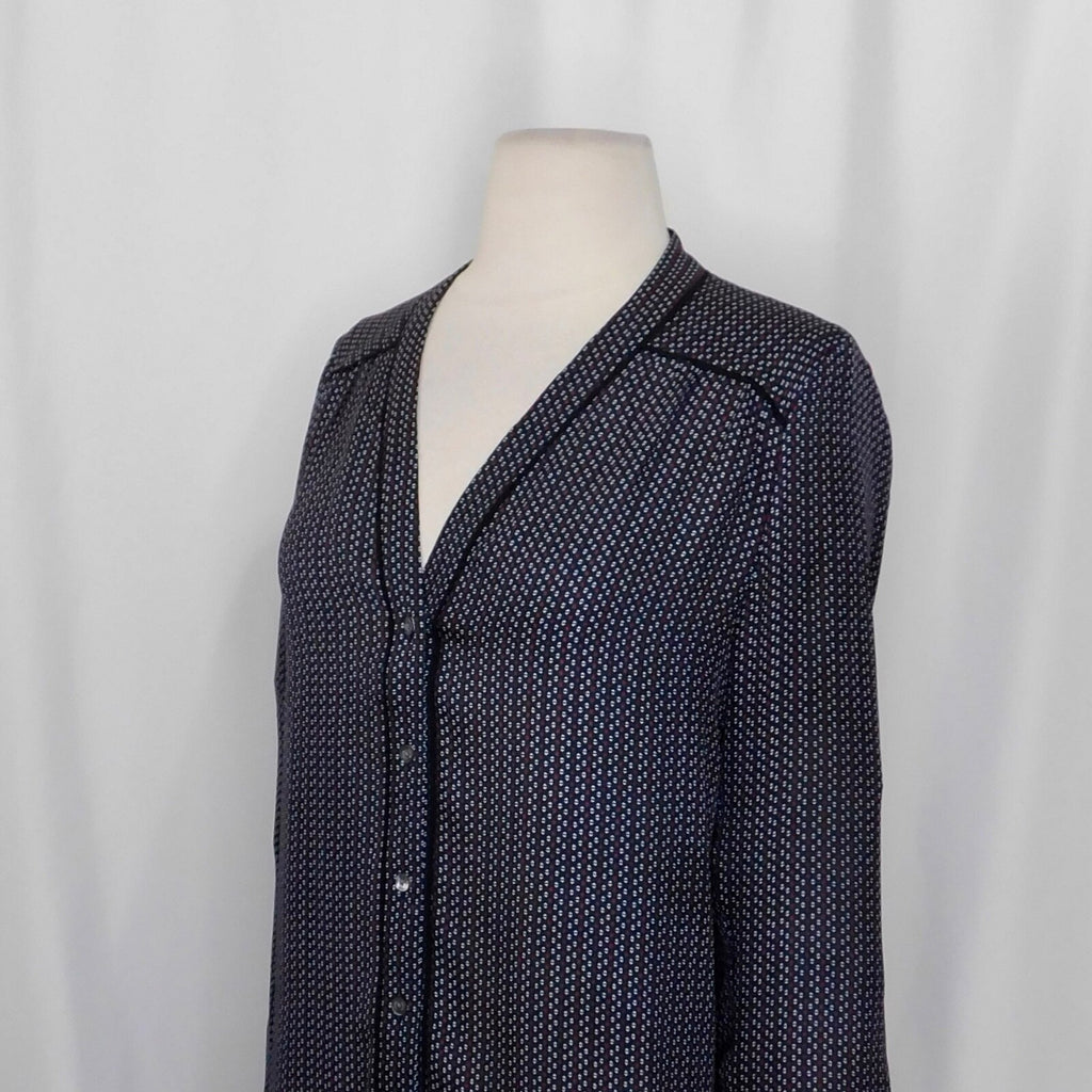 VINCE Mini-Geo Print Silk Blouse Top Mini Geo Geometric Print V Neck X-Small