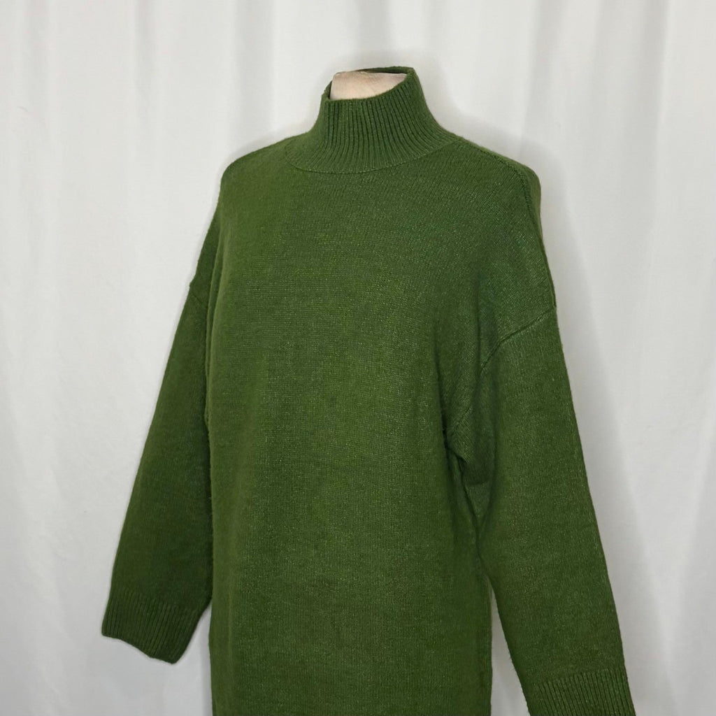 ZARA Green Wool Sweater Dress Mock Neckline Oversized Knitwear Solid X-Small