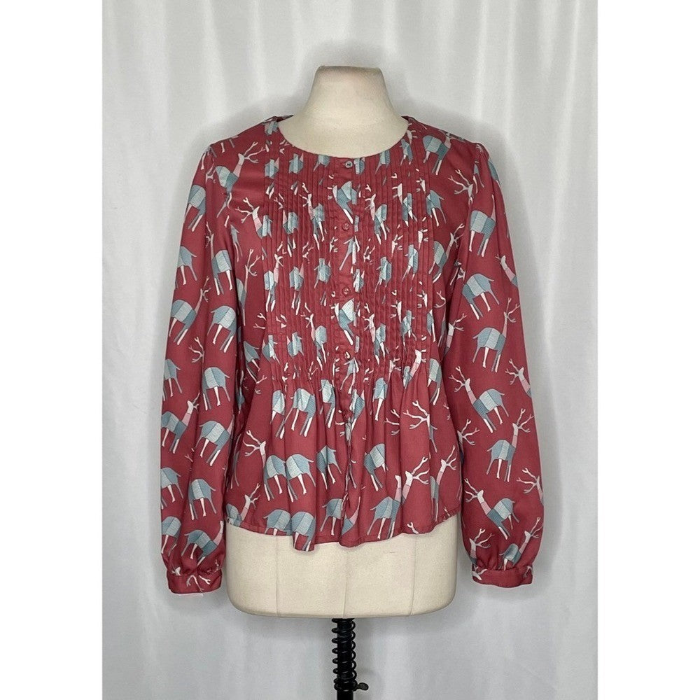 Anthropologie GEISHA DESIGNS Reindeer Deer Print Pleated Top Blouse Medium