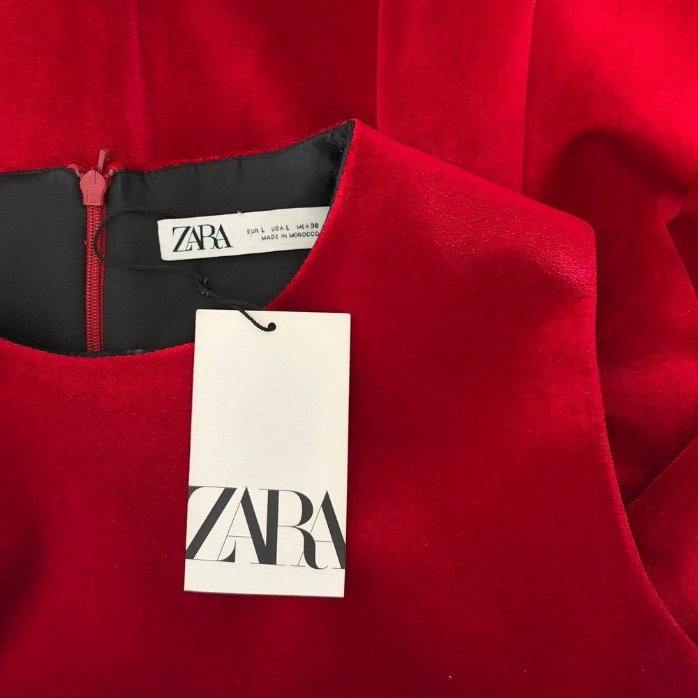 NWT! ZARA Voluminous Red Velvet Dress Valentine Date Party Mini Structured Large