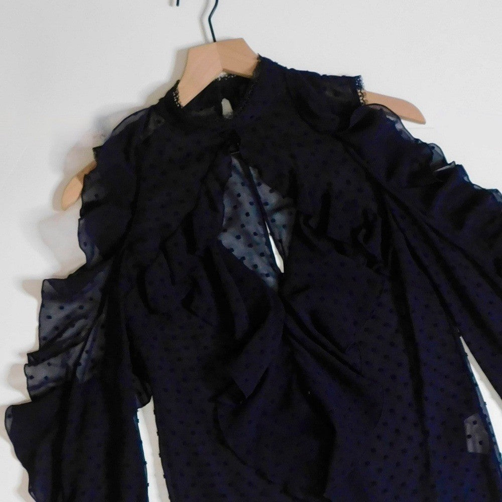 NICHOLAS Navy Blue Swiss Dot Cutout Cold Shoulder Top Blouse Ruffle Size 0