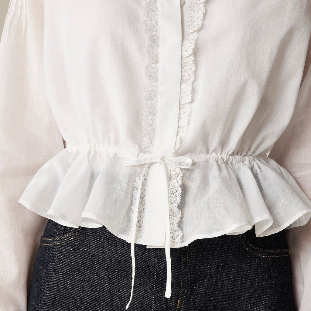 NWT!! J. CREW Lace Trim Cinched-Waist Cotton Voile White Top Blouse X-Small