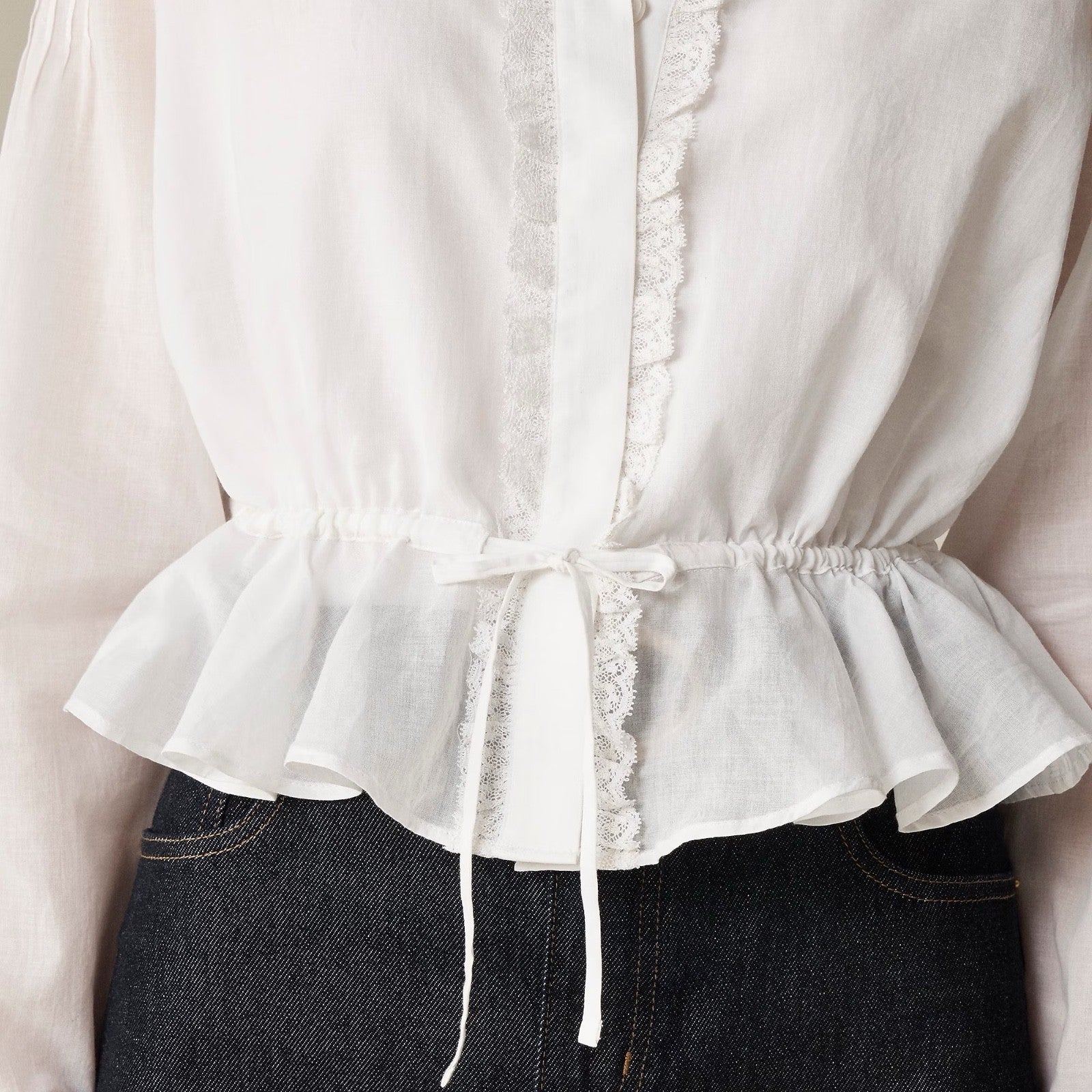 NWT!! J. CREW Lace Trim Cinched-Waist Cotton Voile White Top Blouse X-Small