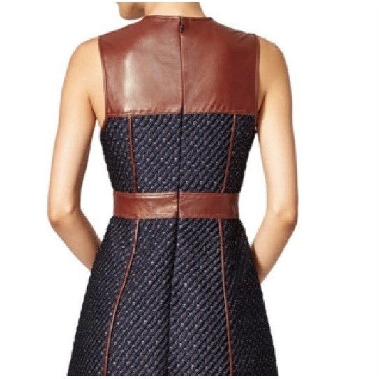 THEORY Calvino Mixed Media Tweed Lamb Leather Dress Brown Blue Fit and Flare 6