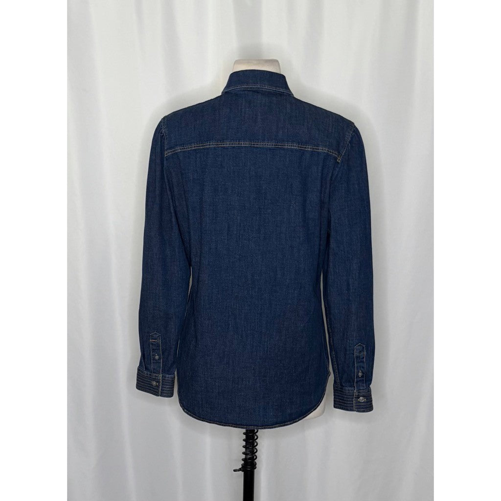 Women's UNTUCKIT Jenna Buttondown Denim Shirt Top Pockets Dark Wash Preppy 8