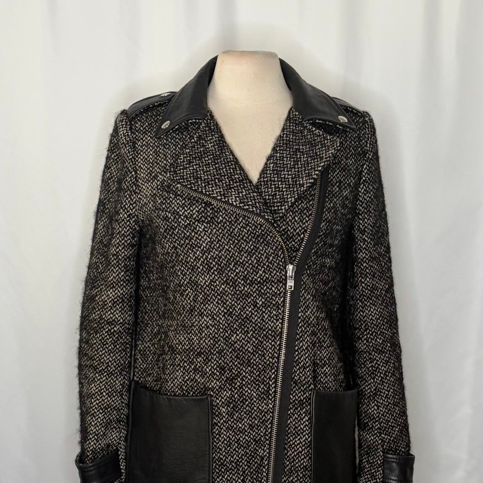 MAJE Ribiera Leather Tweed Coat Moto Inspired Pockets Zipper Size 38 US Medium