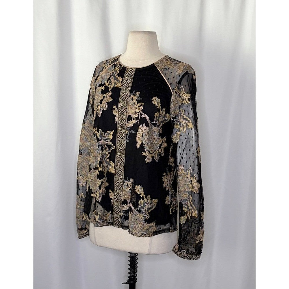 HALE BOB Floral Embroidered Mesh Top Blouse Long Sleeve Jacquard Romantic Medium