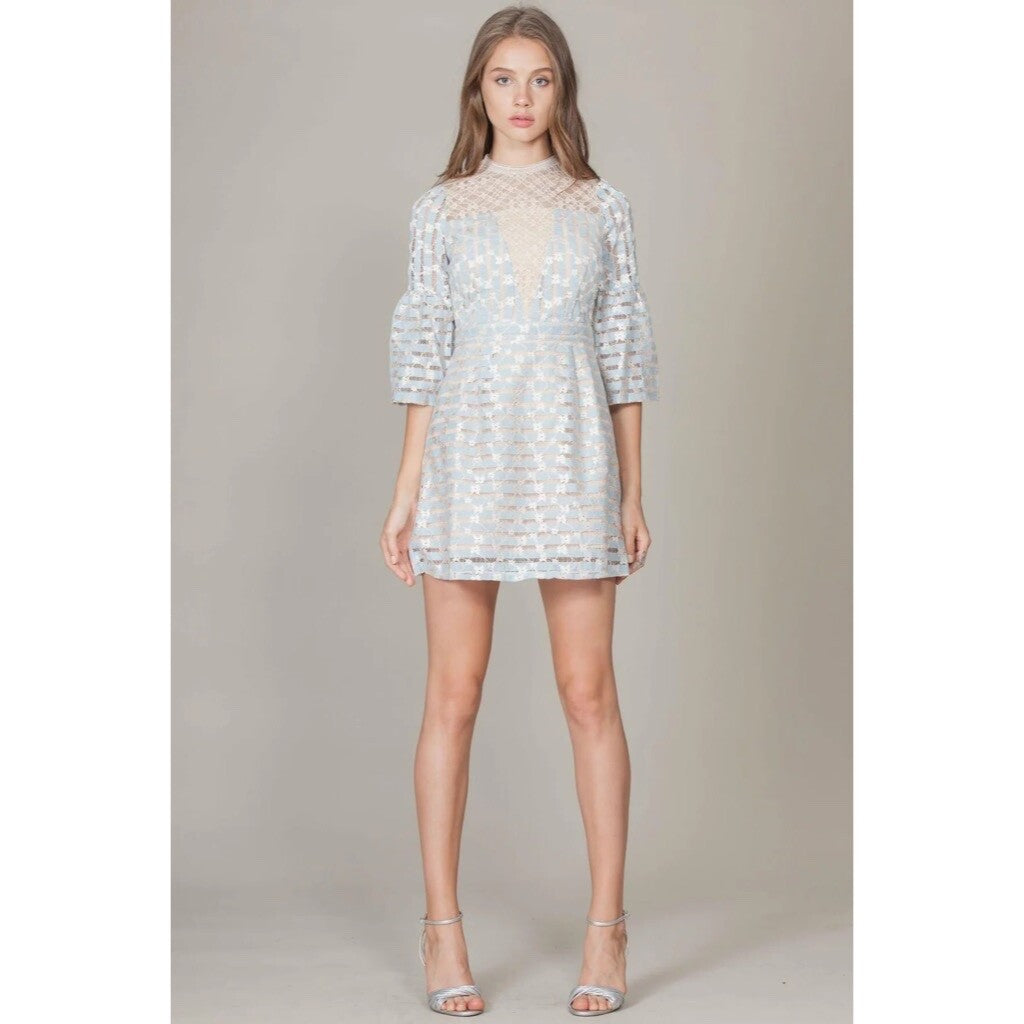 FOXIEDOX Cordelia Bell Sleeve Lace Dress Blue Floral Lace Coquette X-Large
