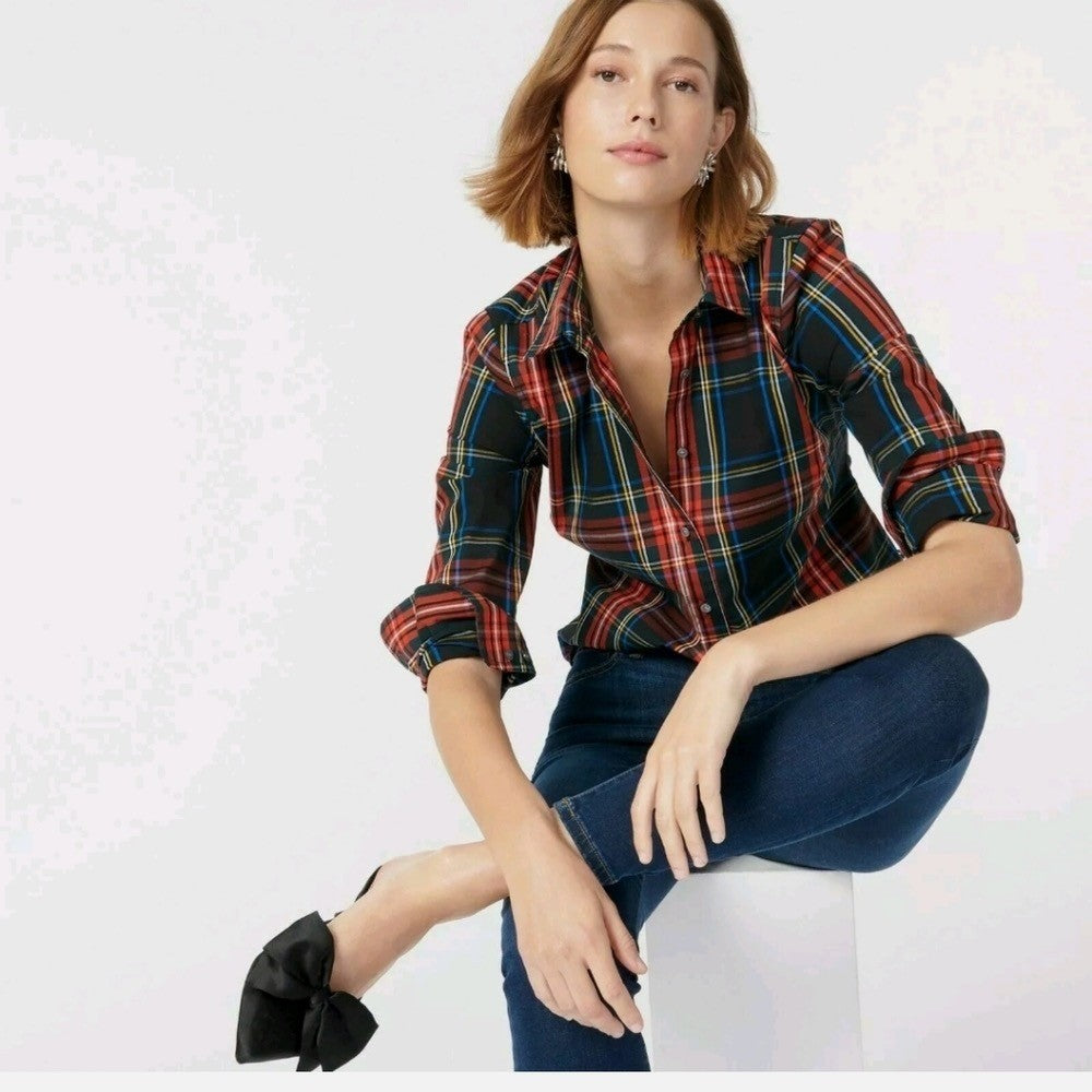J. CREW Slim Stretch Perfect Shirt Top Black Stewart Tartan Plaid Buttons Size 4