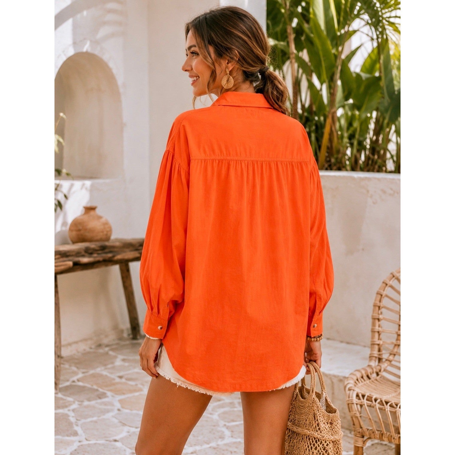 Free People WE THE FREE Happy Hour Poplin Top Buttondown Solid Orange X-Small