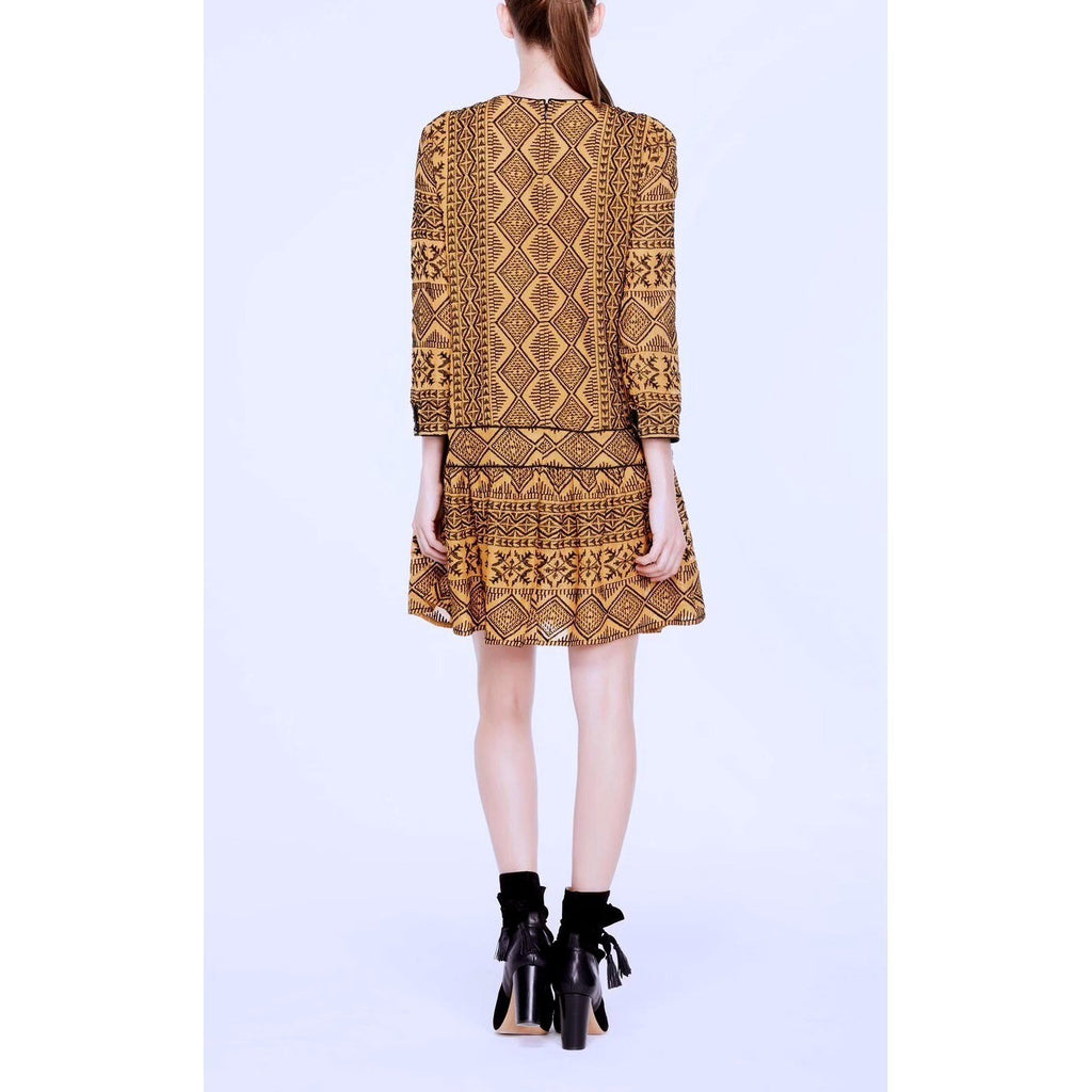 BA&SH Mara Embroidered Geometric Drop Waist Dress Golden Yellow Size 2 / Medium