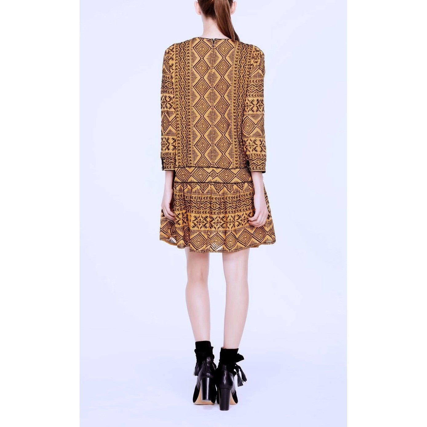 BA&SH Mara Embroidered Geometric Drop Waist Dress Golden Yellow Size 2 / Medium