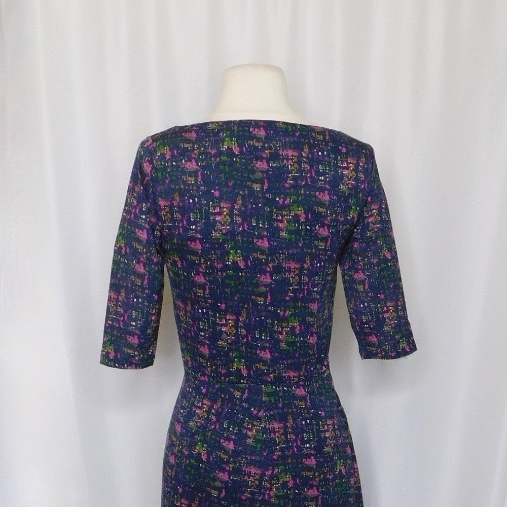 BODEN Drape Neck Pleated Ruched Midi Dress Abstract Print Knit Pleats 4L 4 Tall