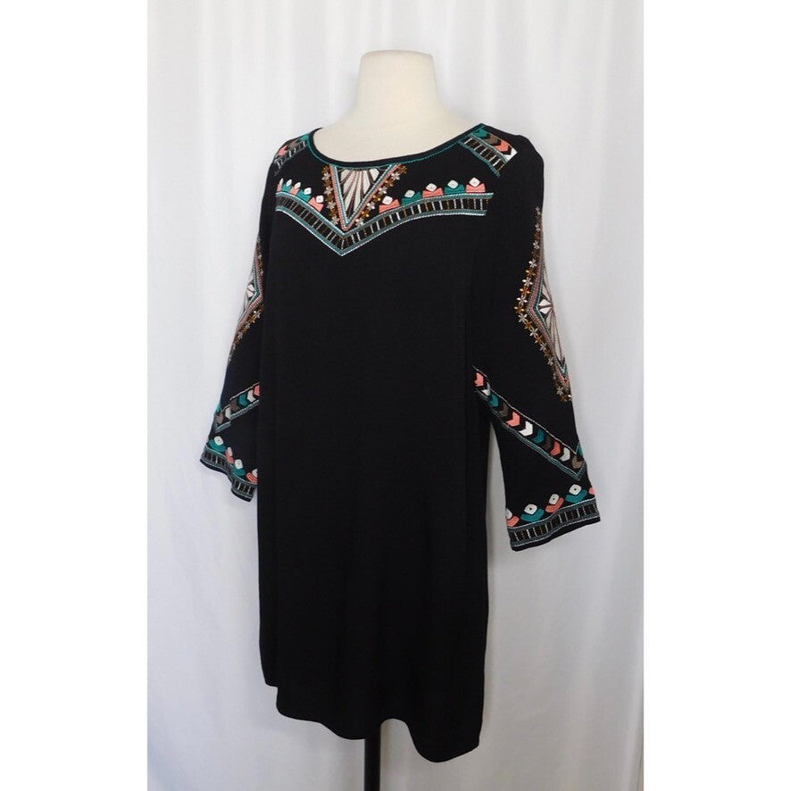 ELLA MOSS Embroidered Joss Shift Dress Retro Black Metallic Boho X-Small