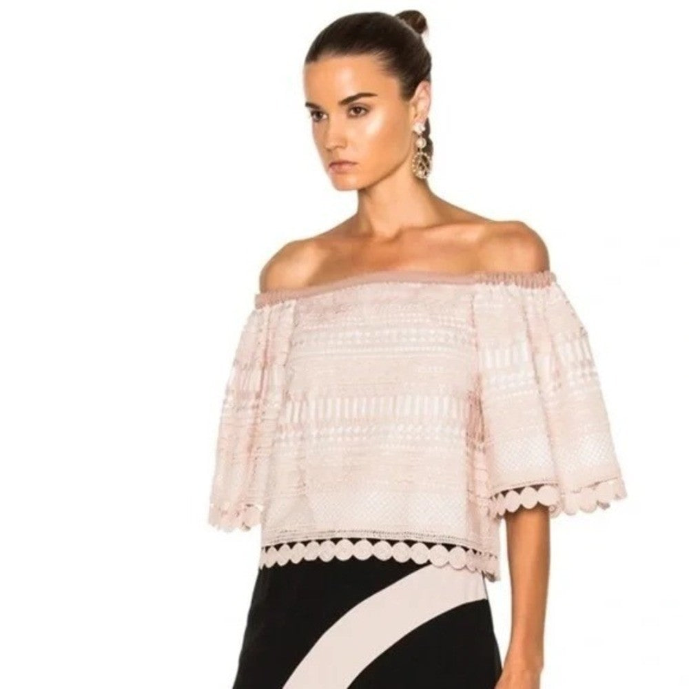 Revolve ALEXIS Finn Lace Off Shoulder Top Blouse Blush Pink Silk Lacey X-Small