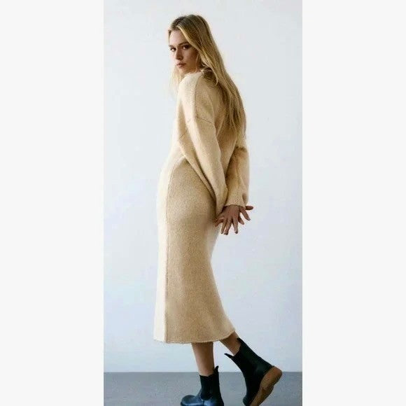 ZARA Alpaca Knit Midi Dress Light Tan Sand Coastal Blogger Favorite Medium