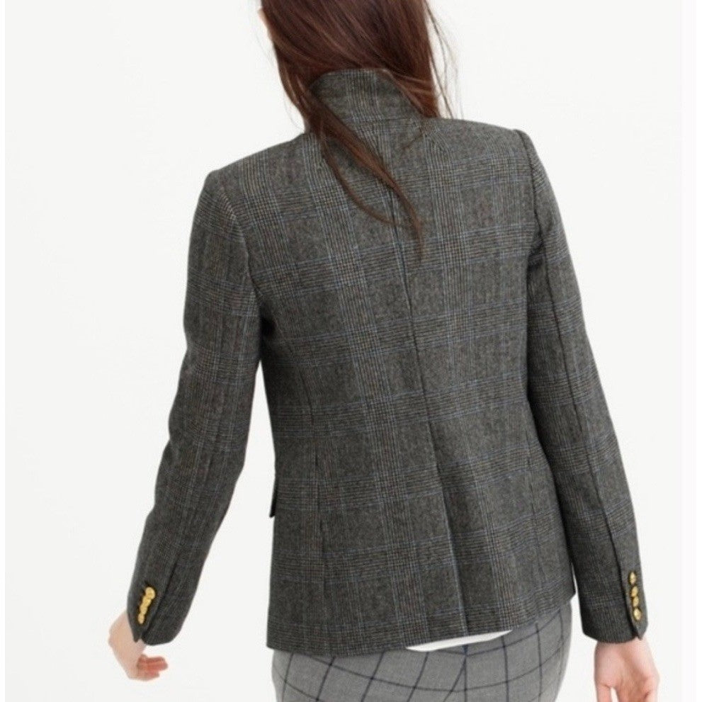 J. CREW Wool Regent Blazer Plaid Satin Lapels Houndstooth Black Gray Size 6