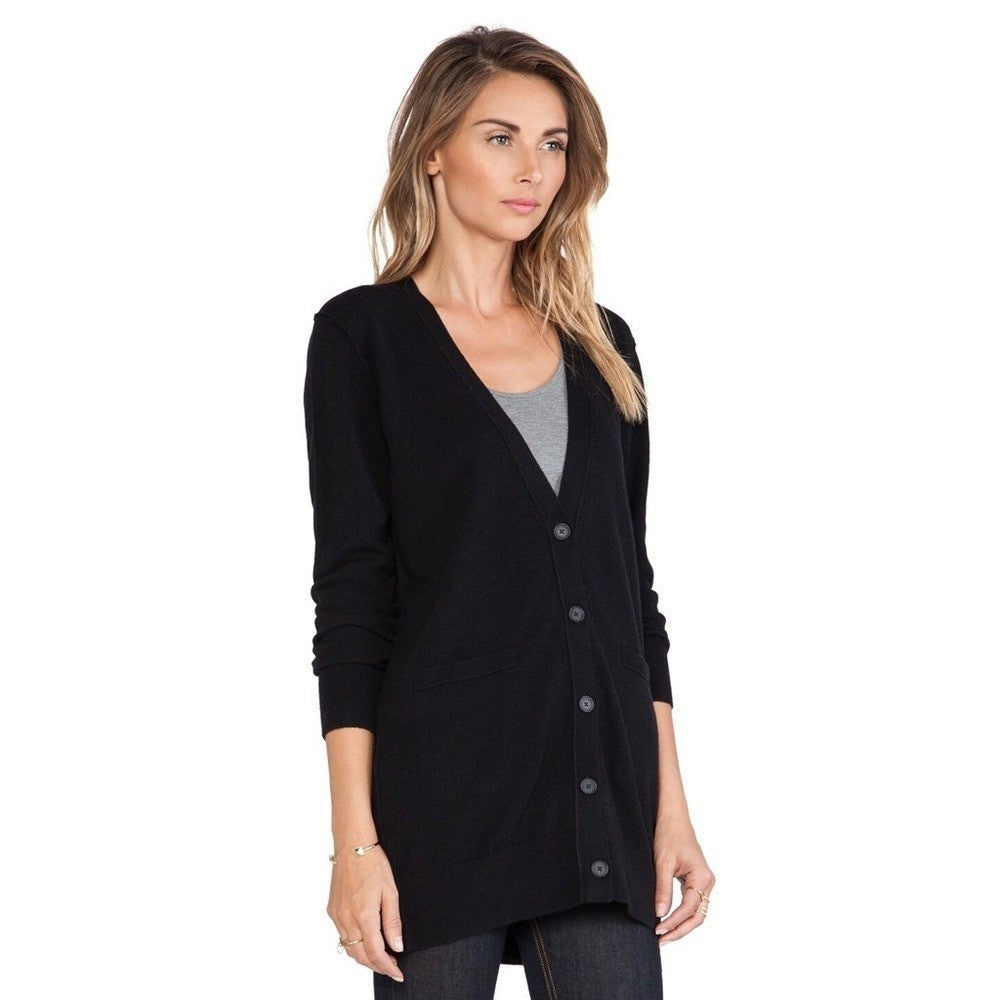 Revolve VINCE Cashmere Longline Button V Cardigan Sweater Solid Black Pockets XS