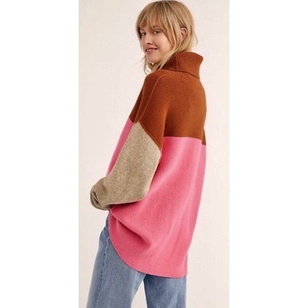 FREE PEOPLE Softly Structured Colorblock Sweater Turtleneck Candy Pop Medium