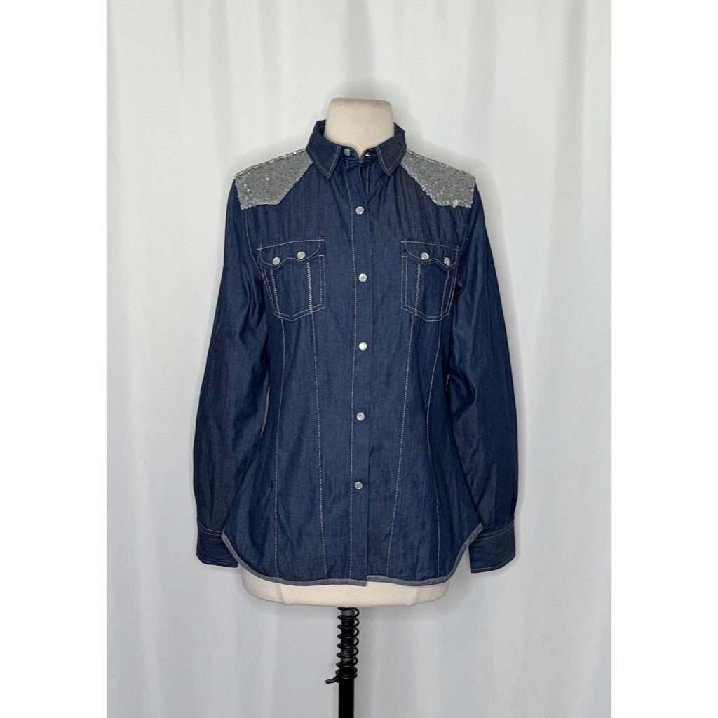TASHA POLUZZI Roxy Denim Sequin Embellished Snap Front Shirt Western Rodeo Small