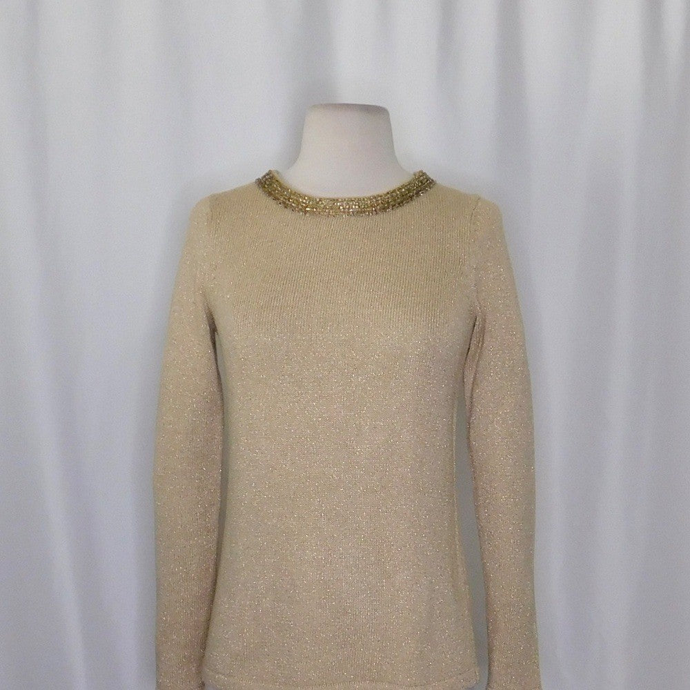 J. MCLAUGHLIN Metallic Gold Beaded Neckline Pullover Sweater Beading X-Small
