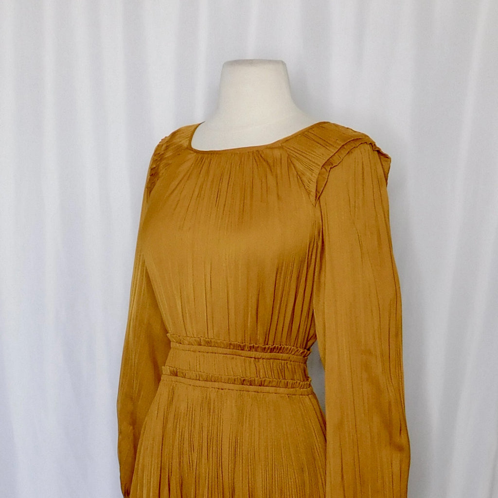 NWT!! Anthropologie MAEVE Saniya Mini Dress Solid Gold Pleated Flirty Small