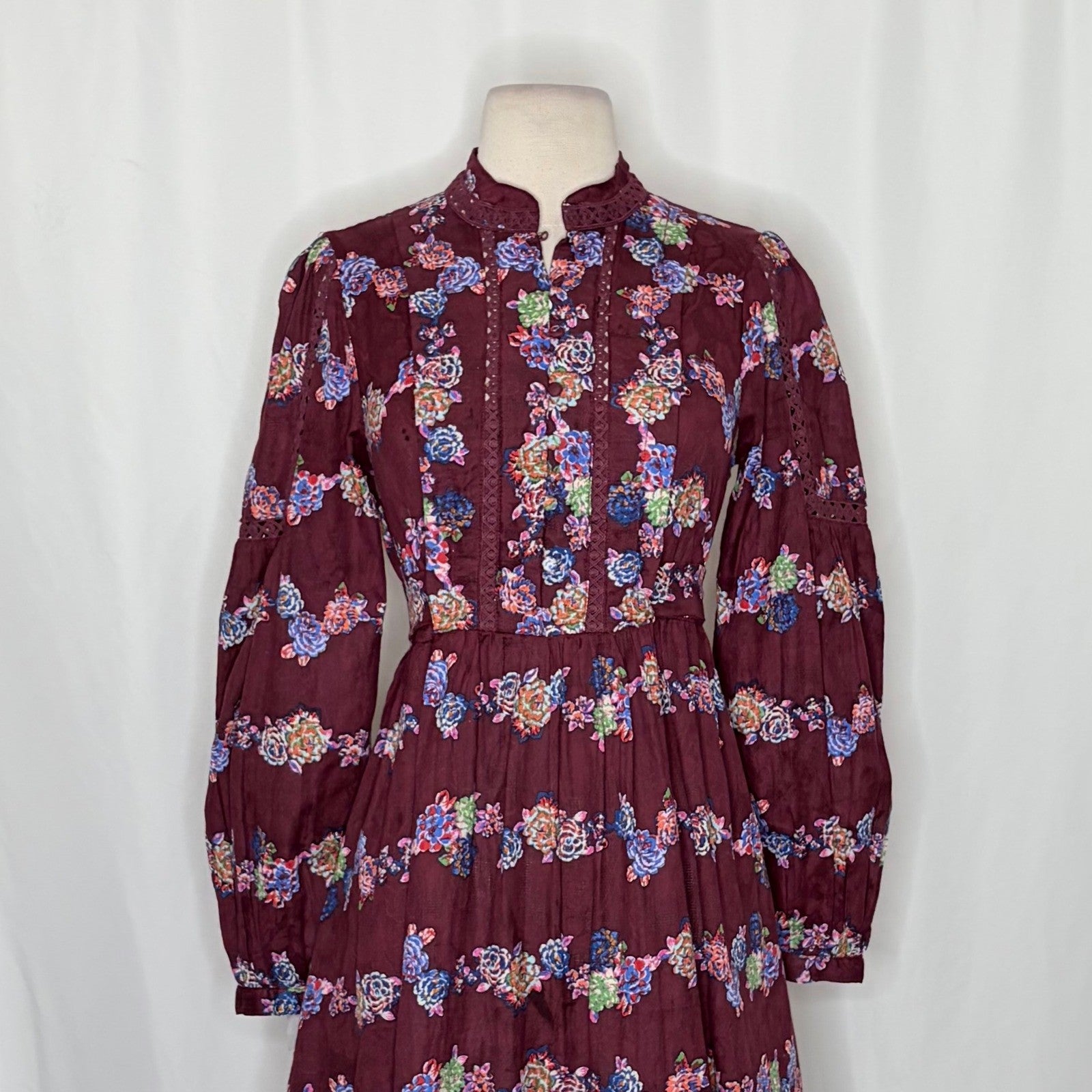 BY ANTHROPOLOGIE Mini Tunic Long Sleeve Dress Floral Lace Trims Purple X-Small