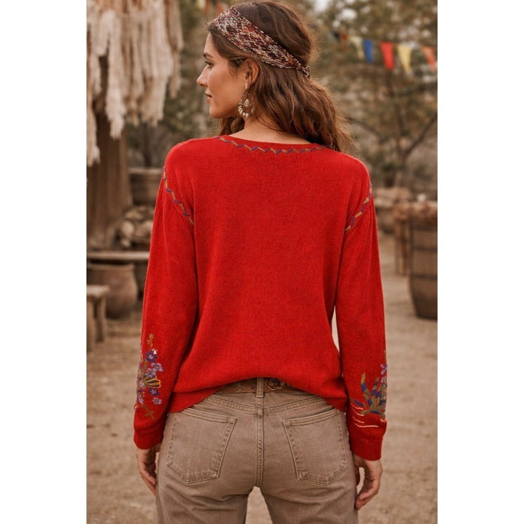 GW JEANS CO. Red Embroidered Asian Floral Cardigan Sweater Medium