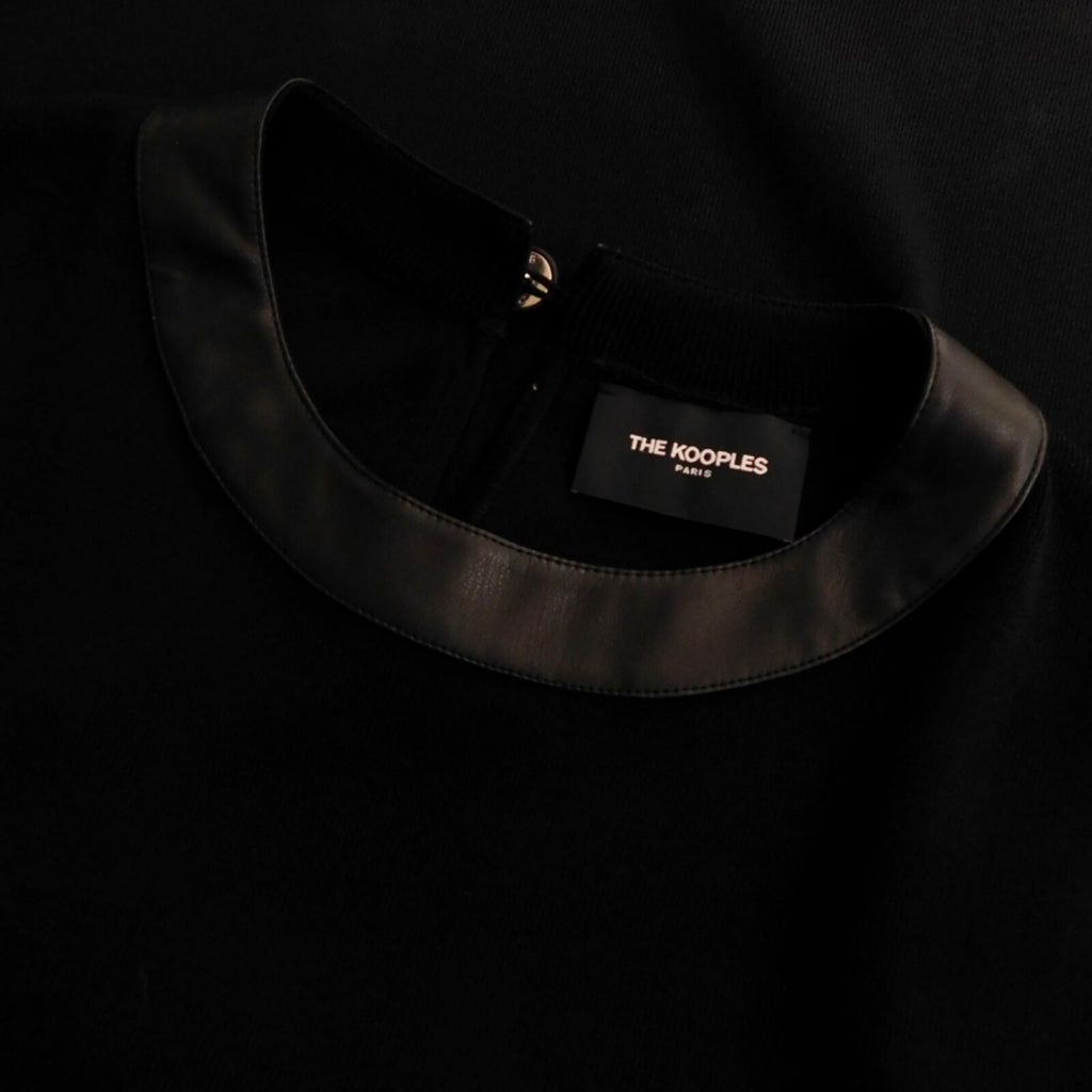 THE KOOPLES Black Knit Faux Leather Trimmed Dress Puff Sleeves Size 3 / Large