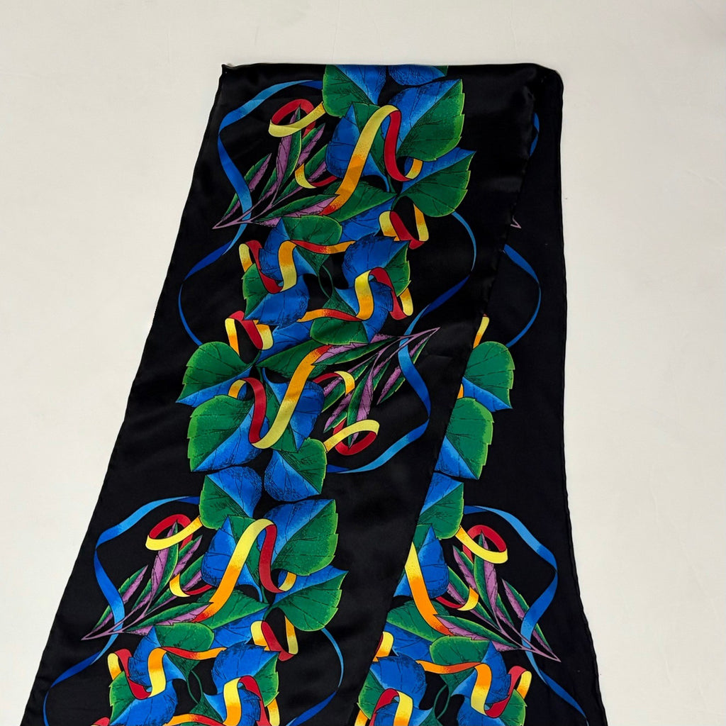 Vintage RUSH LIMBAUGH Aspen Leaves Colorful Rectangular Silk Scarf Black Floral