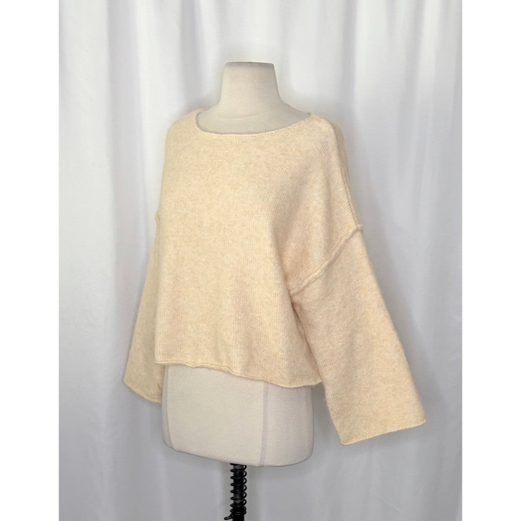 ZARA Bateau Neck Cropped Sweater Wool Solid Ivory Pullover Knit Knitwear Small