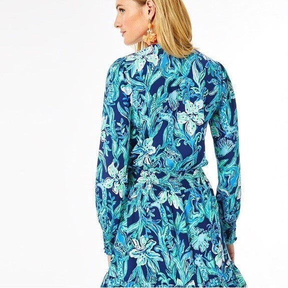 LILLY PULITZER Cristiana Dress High Tide Navy Take It Or Leaf It Smocked 0