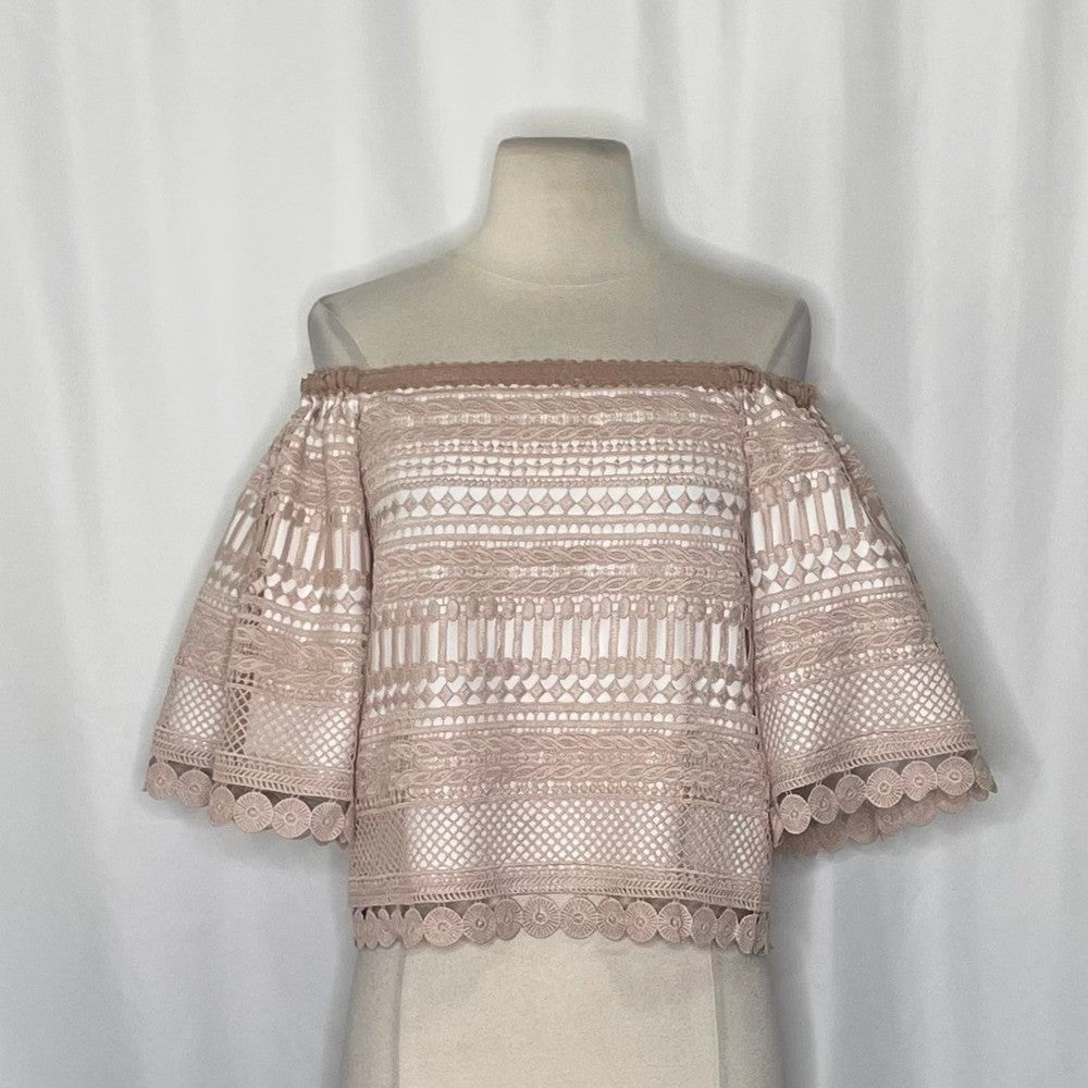 Revolve ALEXIS Finn Lace Off Shoulder Top Blouse Blush Pink Silk Lacey X-Small