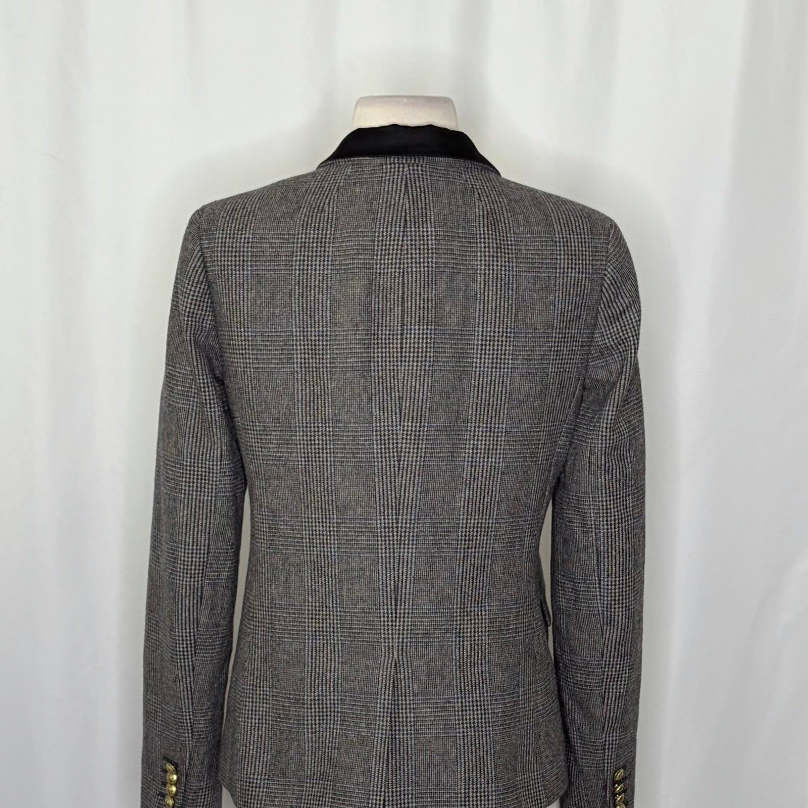 J. CREW Wool Regent Blazer Plaid Satin Lapels Houndstooth Black Gray Size 6