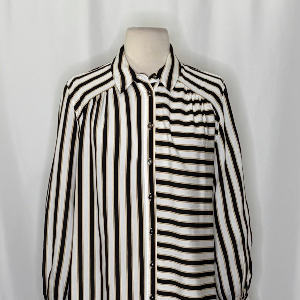 Anthropologie MAEVE Silky Striped Buttondown Black White Tan Button Down Small