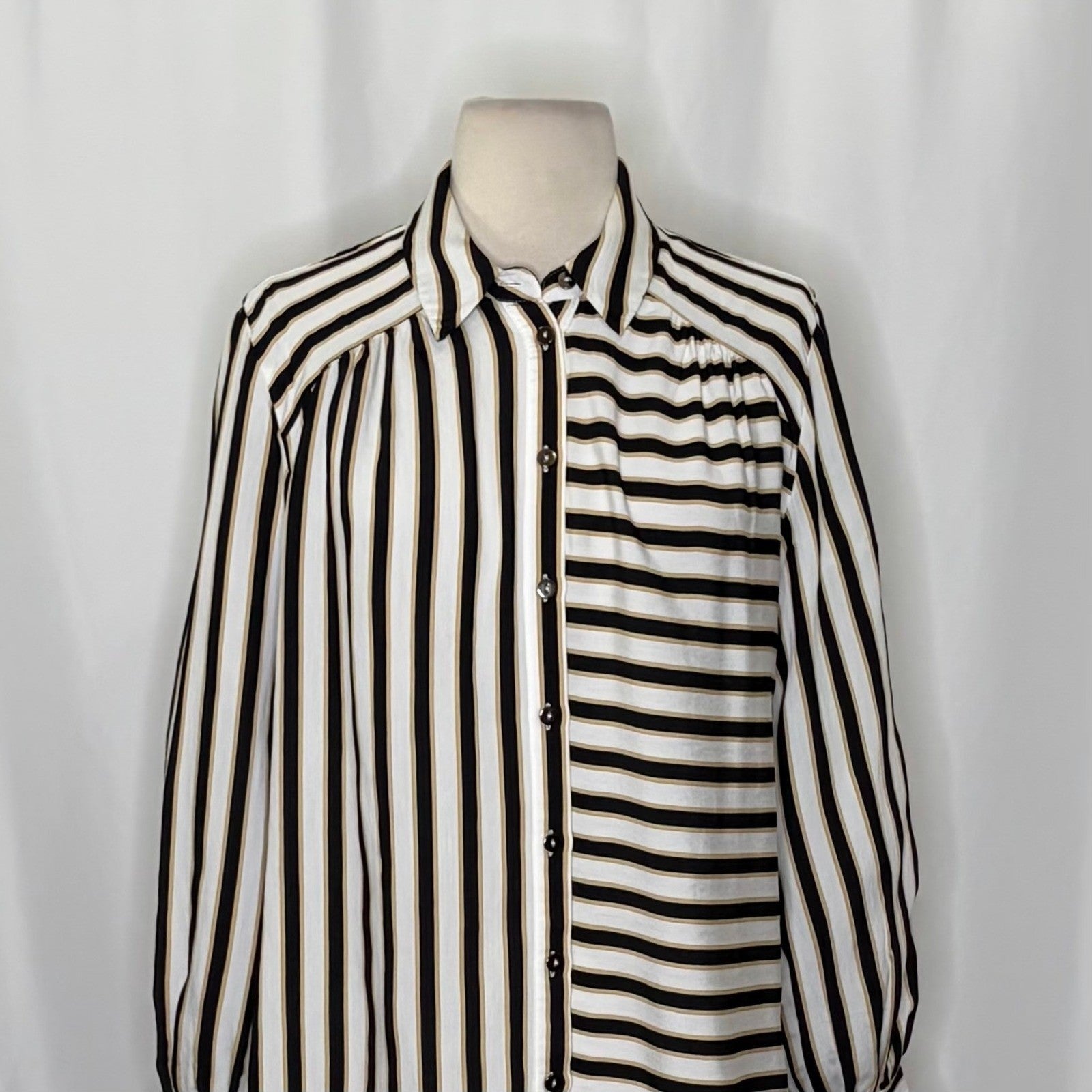 Anthropologie MAEVE Silky Striped Buttondown Black White Tan Button Down Small