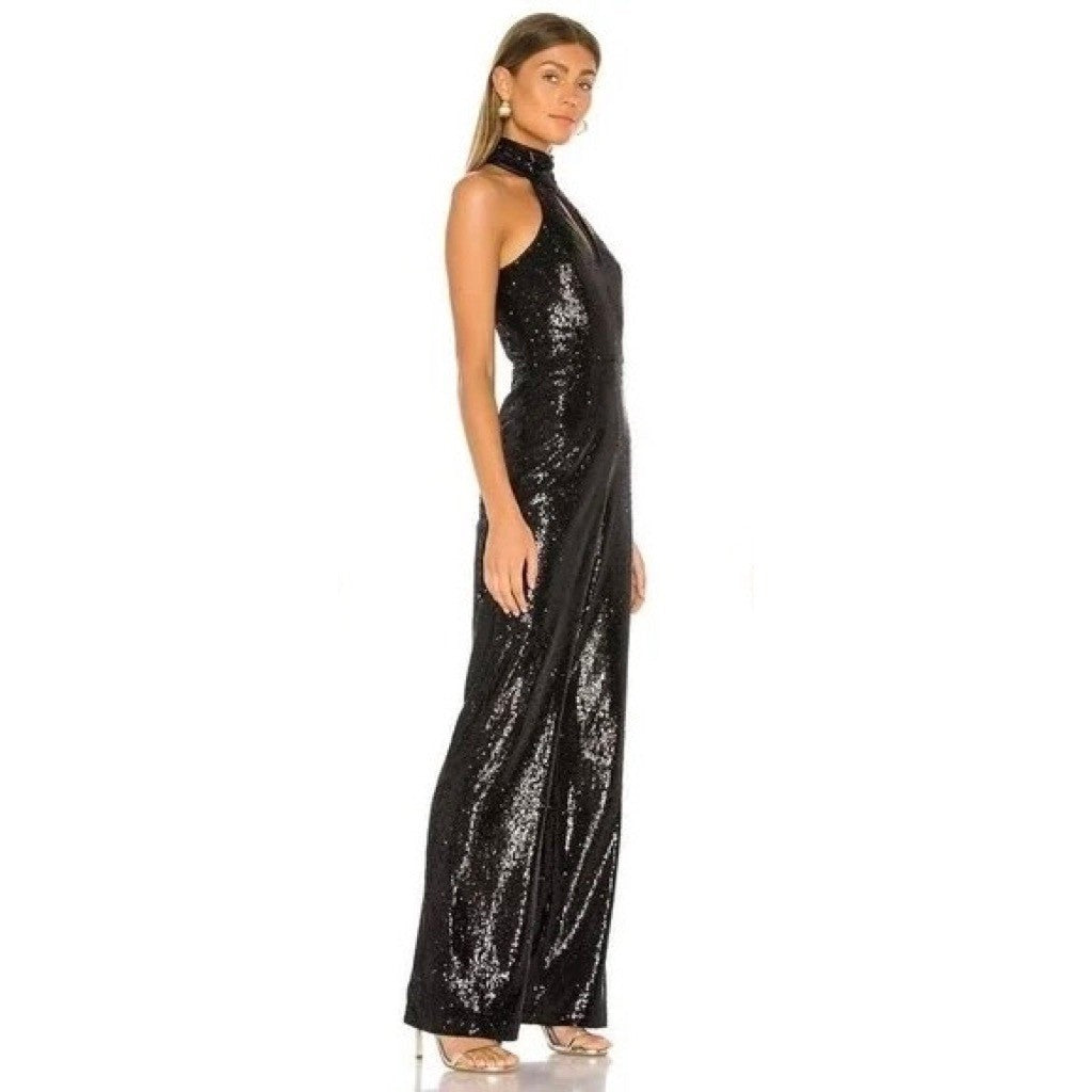 CINQ A SEPT Shelby Black Sequin Jumpsuit Halter Neck Party Cocktail Size 4