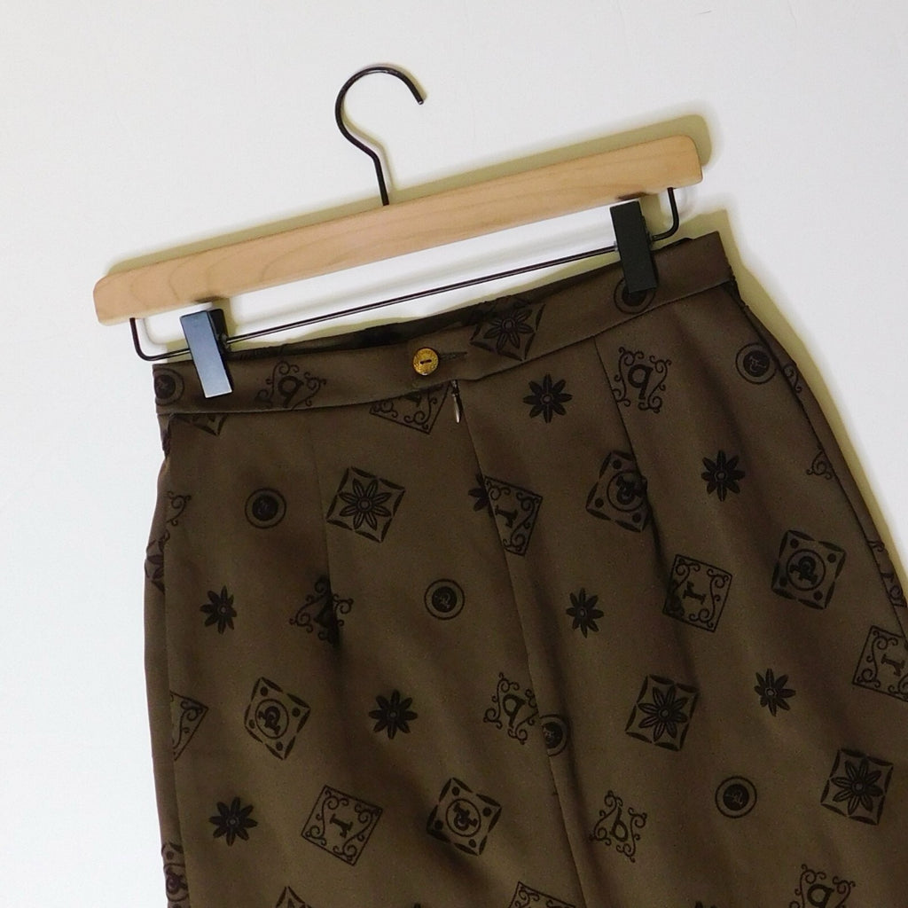 ROCCOBAROCCO Jeans Italian Brown Logo Print A-Line Skirt Flocked Office Size 8