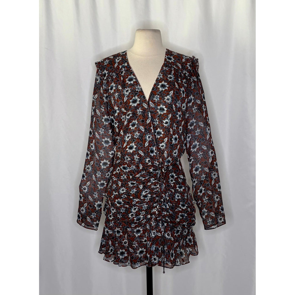 VERONICA BEARD Georgette Silk Floral Anjali Dress Mini Ruched Ruffles Clay 8