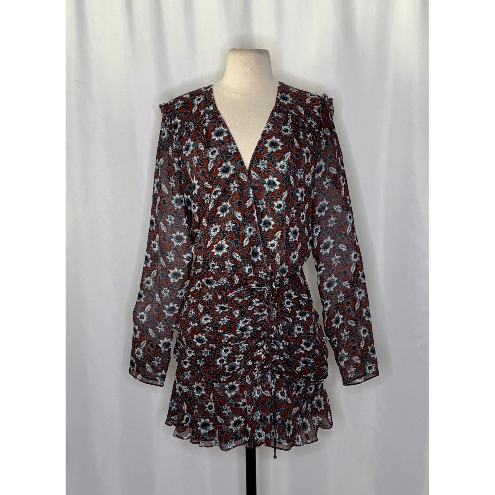VERONICA BEARD Georgette Silk Floral Anjali Dress Mini Ruched Ruffles Clay 8