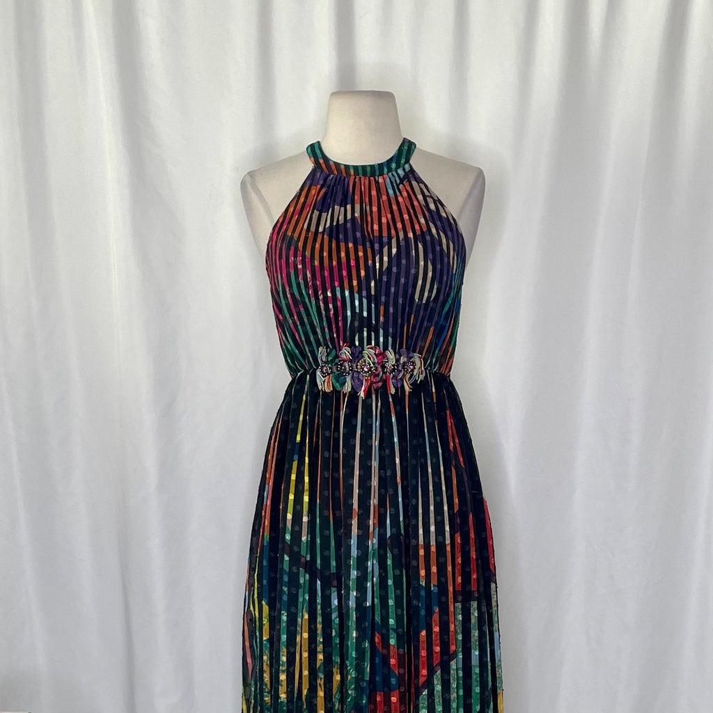 Anthropologie GEISHA DESIGNS Kalinka Maxi Dress Halter Embellished Clip Dot 0